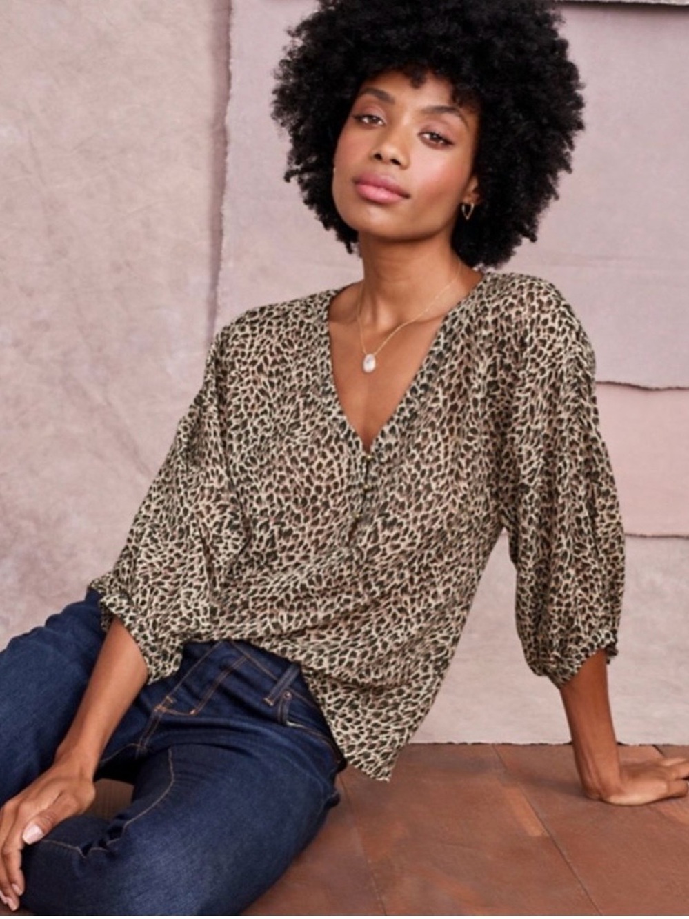 Garnet Hill Leopard Print V-Neck Blouse - Tan & Black Sz 8